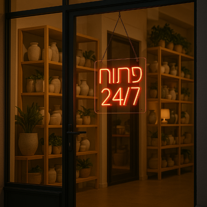 שלט ניאון פתוח 24/7 - שלט ניאון לעסק - שלט ניאון אדום